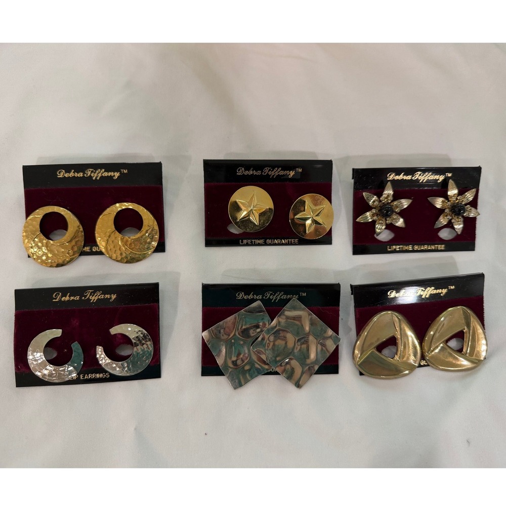 Vintage 1980s Debra Tiffany Earrings Lot of 6 Gold Tone Statement NOS